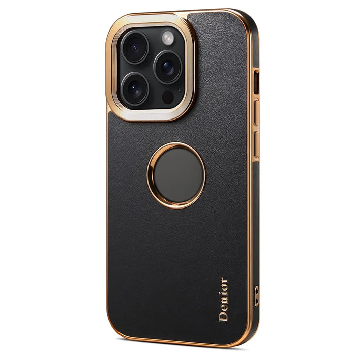 DENIOR For iPhone 14 Pro Max Case PC+TPU+Genuine Cow Leather Electroplating Phone Cover - Black - 4