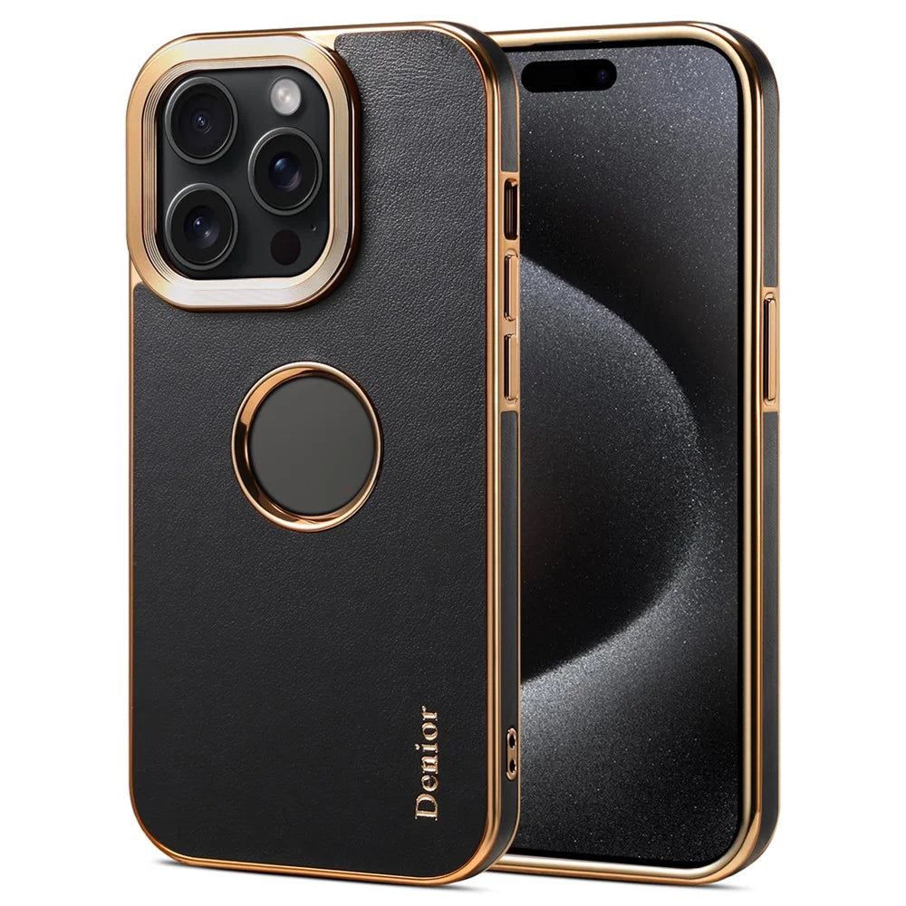 DENIOR For iPhone 15 Pro Max Case Calf Texture Electroplating Phone Protective Cover - Black - 1