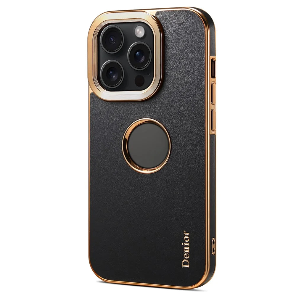 DENIOR For iPhone 15 Pro Max Case Calf Texture Electroplating Phone Protective Cover - Black - 4