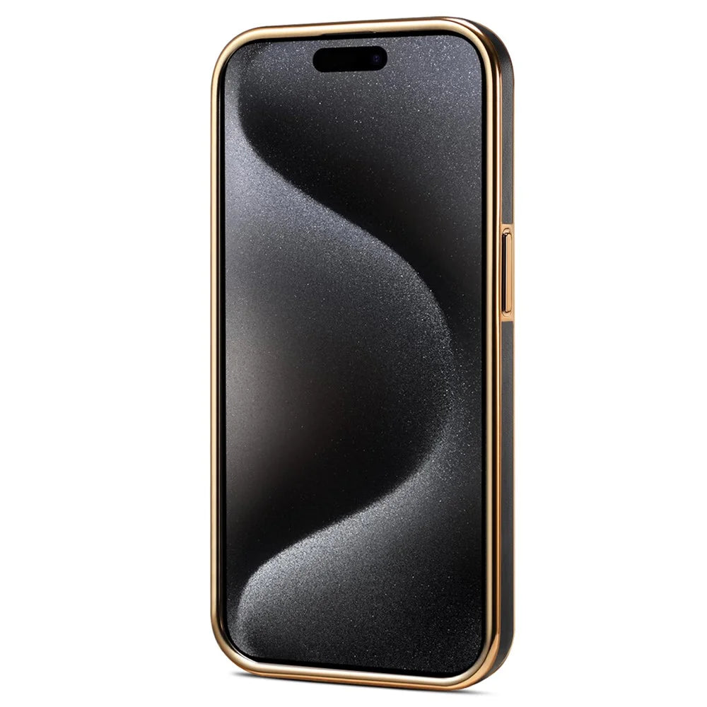 DENIOR For iPhone 15 Pro Max Case Calf Texture Electroplating Phone Protective Cover - Black - 5