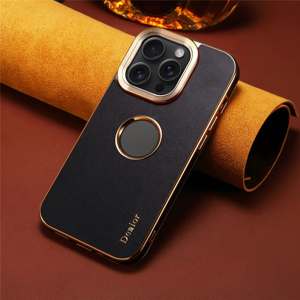 DENIOR For iPhone 15 Pro Max Case Calf Texture Electroplating Phone Protective Cover - Black - 6