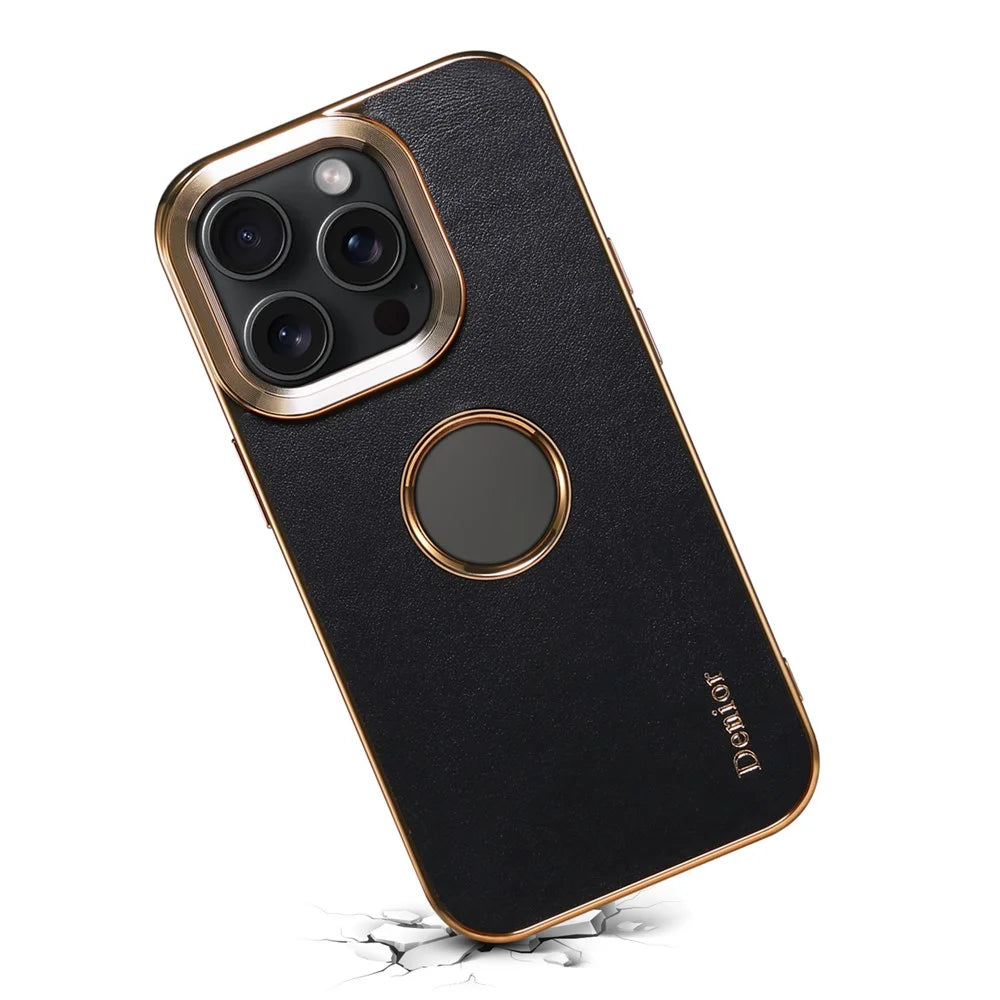DENIOR For iPhone 15 Pro Phone Case Anti-drop PC+TPU+Genuine Cow Leather Calf Texture Cover - Black - 2