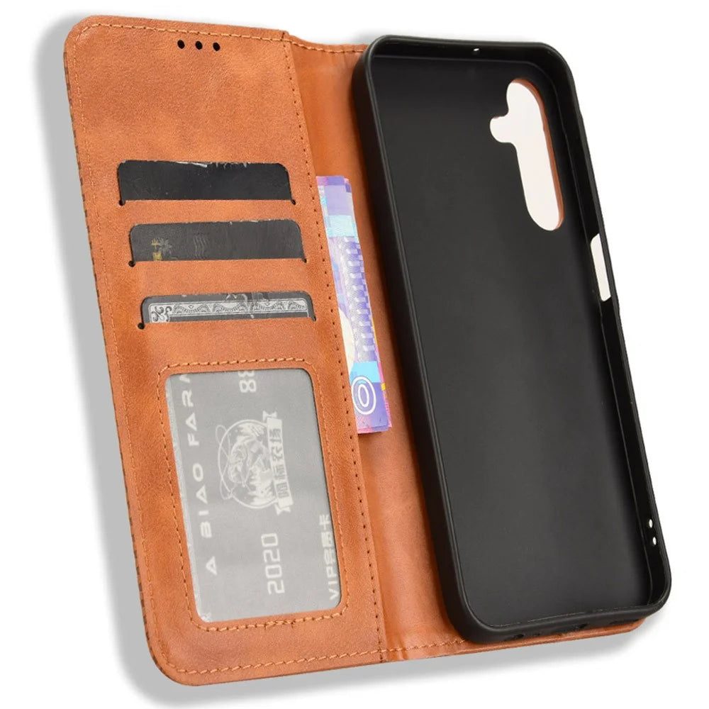 For Samsung Galaxy A15 5G Leather Case Retro Phone Cover with Wallet Stand - Brown - 5