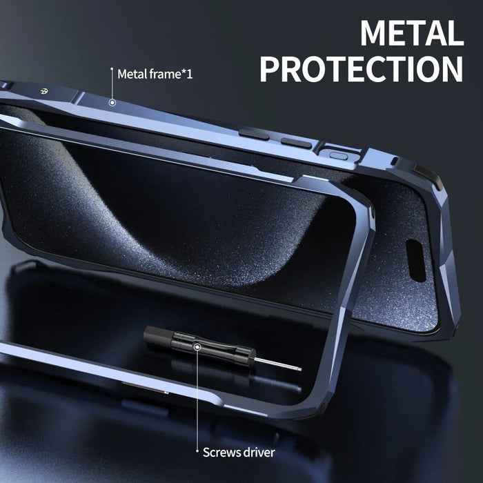 LUPHIE For iPhone 15 Pro Bumper Case Metal Scratch-resistant Protective Phone Frame Case - Dark Blue - 4