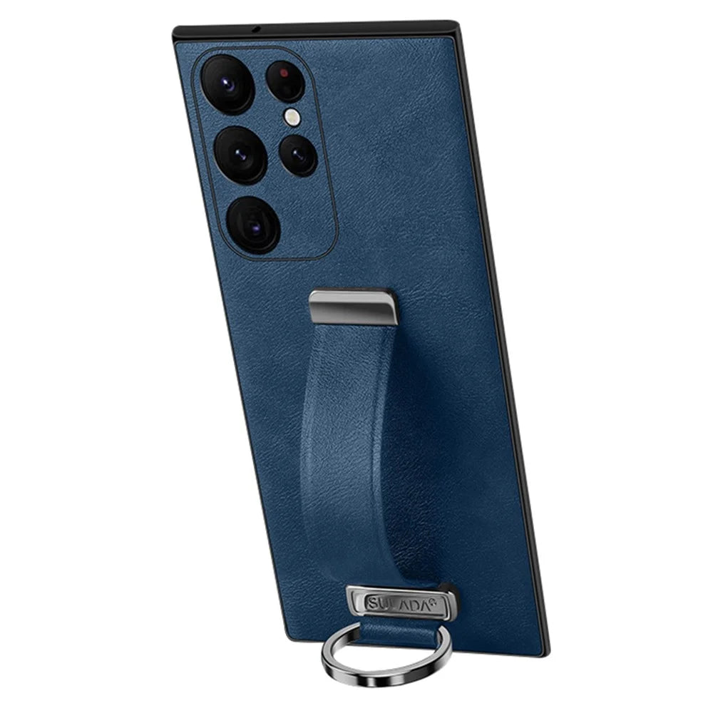 SULADA Fashion Series for Samsung Galaxy S24 Ultra Phone Case Anti-fall Retractable Hand Strap Cover - Blue - 1