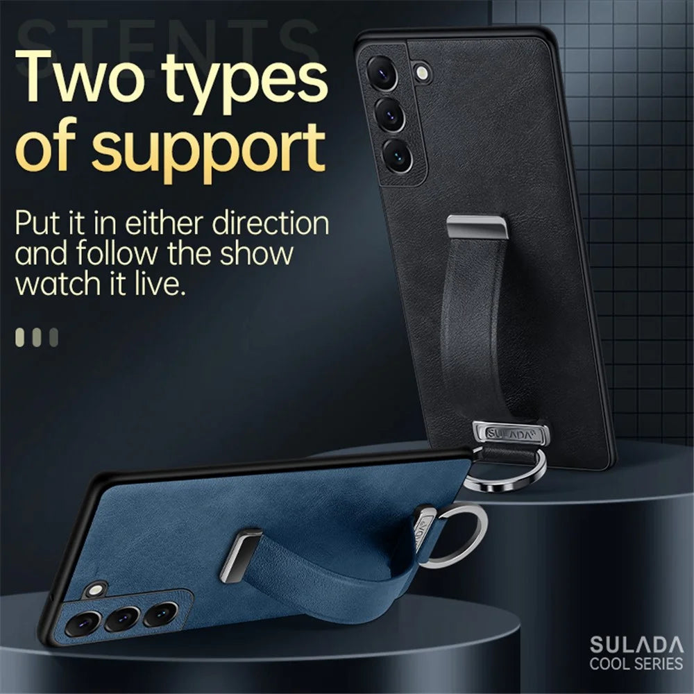 SULADA Fashion Series for Samsung Galaxy S24 Ultra Phone Case Anti-fall Retractable Hand Strap Cover - Blue - 4
