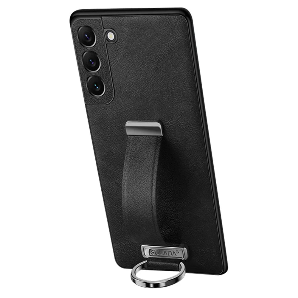 SULADA Fashion Series for Samsung Galaxy S24 Case Shockproof Kickstand Phone Cover with Hand Strap - Black - 1