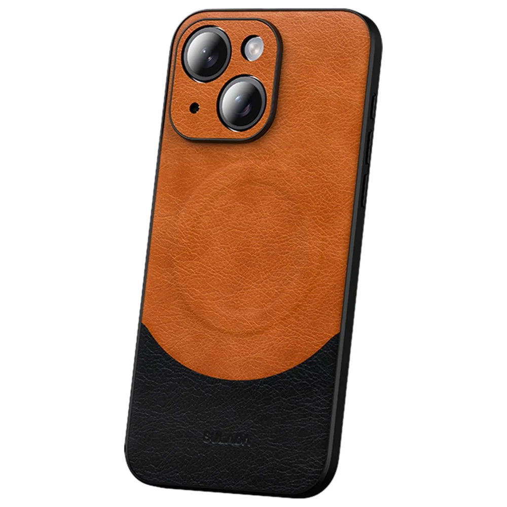 SULADA Magnetic Series for iPhone 15 Plus Phone Case PU Leather Coated PC+TPU Cover - Orange - 1