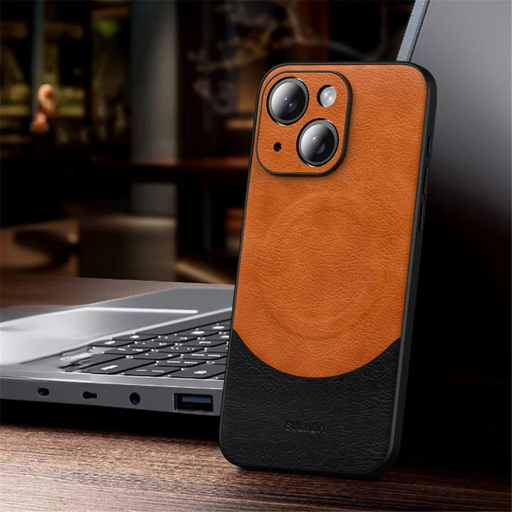 SULADA Magnetic Series for iPhone 15 Plus Phone Case PU Leather Coated PC+TPU Cover - Orange - 2
