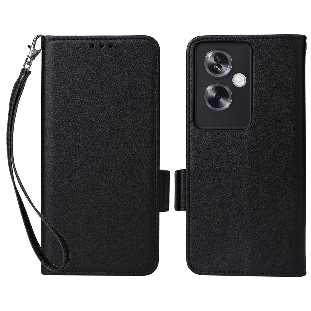 For Oppo A79 5G / A2 5G / OnePlus Nord N30 SE 5G Cover PU Leather Wallet Anti-Scratch Cell Phone Case with Strap - Black - 1