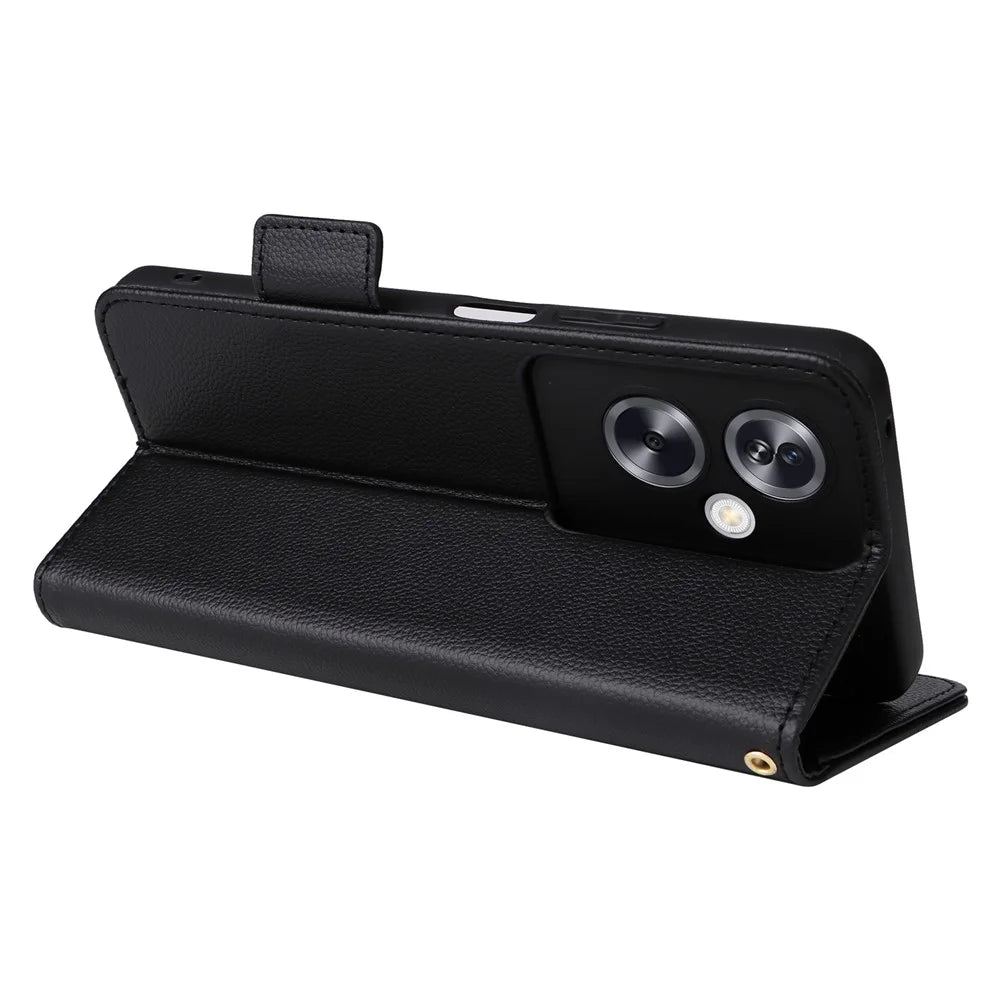 For Oppo A79 5G / A2 5G / OnePlus Nord N30 SE 5G Cover PU Leather Wallet Anti-Scratch Cell Phone Case with Strap - Black - 4