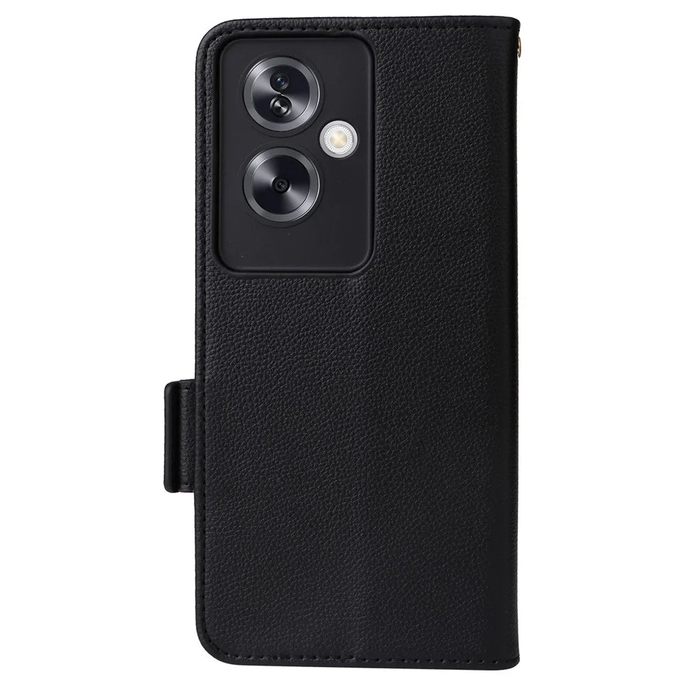 For Oppo A79 5G / A2 5G / OnePlus Nord N30 SE 5G Cover PU Leather Wallet Anti-Scratch Cell Phone Case with Strap - Black - 6