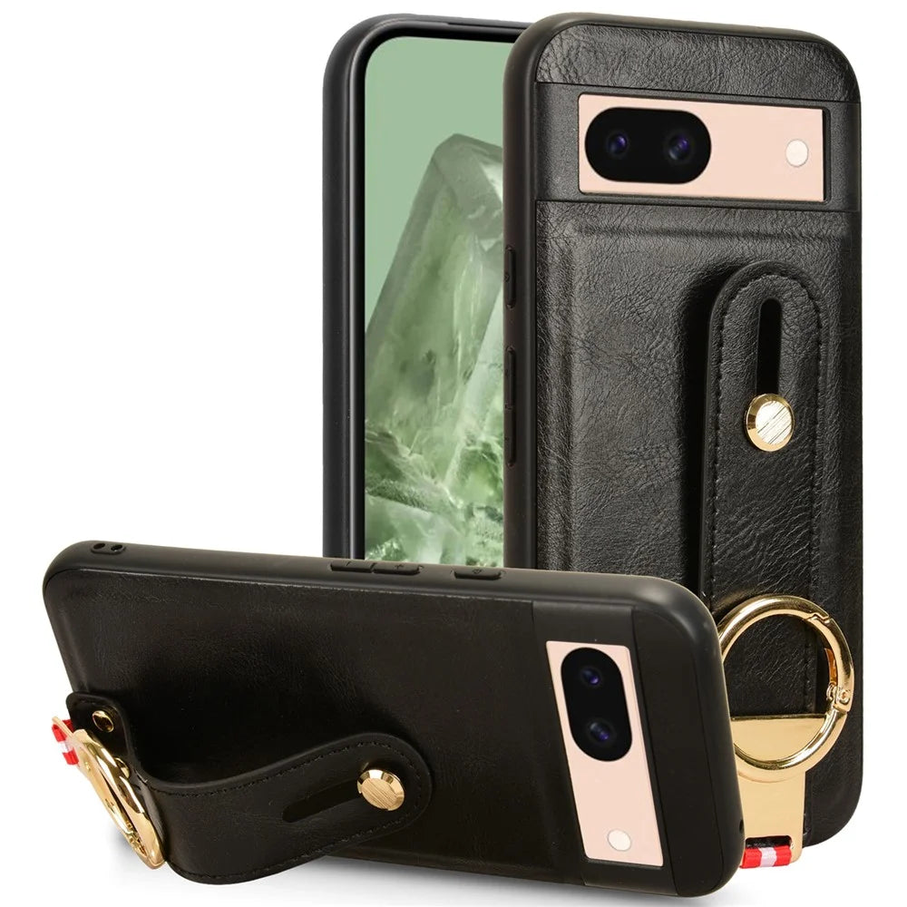 For Google Pixel 8a Cell Phone Case Anti-scratch PU Leather+PC+TPU Wristband Cover - Black - 1