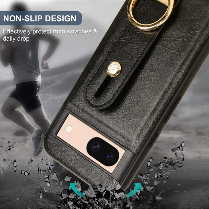 For Google Pixel 8a Cell Phone Case Anti-scratch PU Leather+PC+TPU Wristband Cover - Black - 5