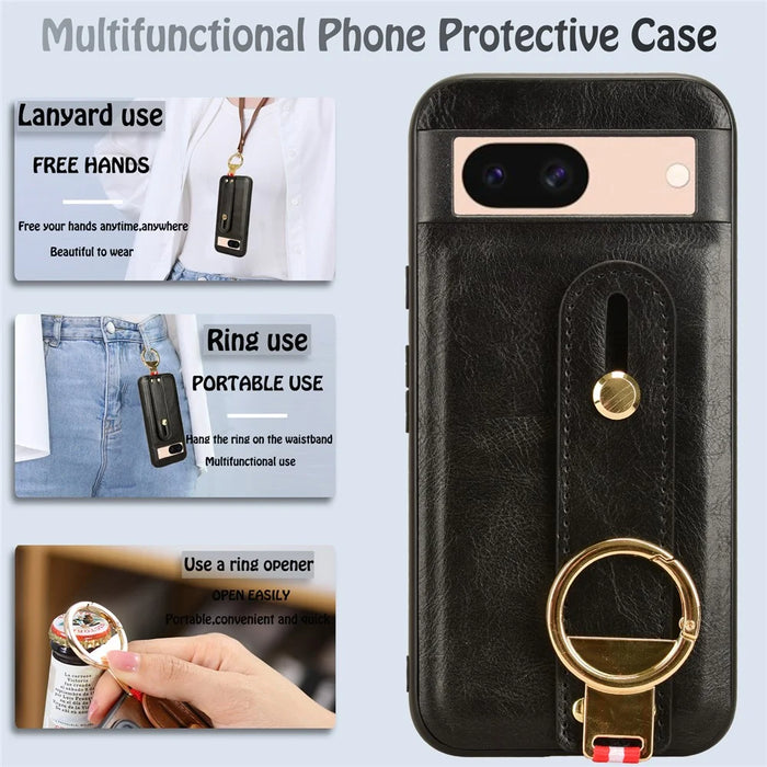 For Google Pixel 8a Cell Phone Case Anti-scratch PU Leather+PC+TPU Wristband Cover - Black - 6