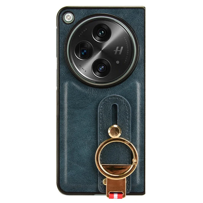For OnePlus Open Back Cover PU Leather+PC Bottle Opener Ring Phone Cover - Blue - 2