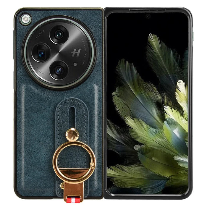 For OnePlus Open Back Cover PU Leather+PC Bottle Opener Ring Phone Cover - Blue - 5