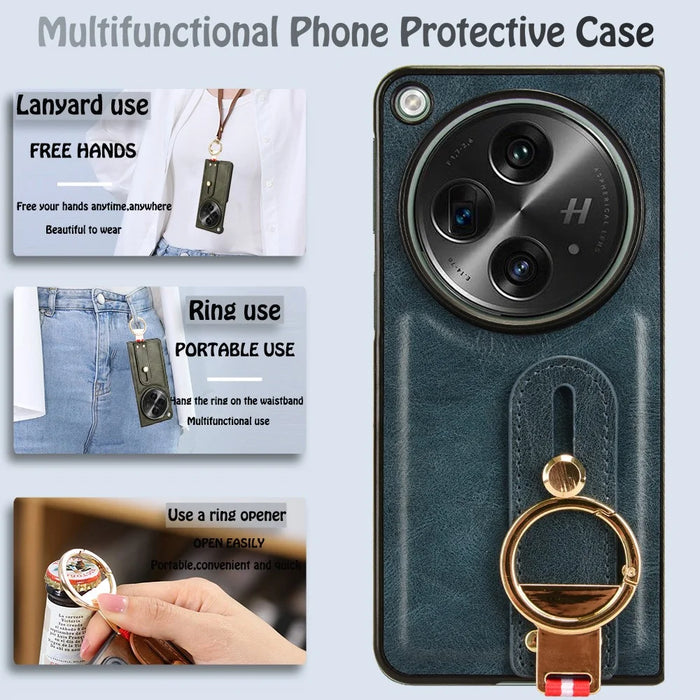 For OnePlus Open Back Cover PU Leather+PC Bottle Opener Ring Phone Cover - Blue - 6