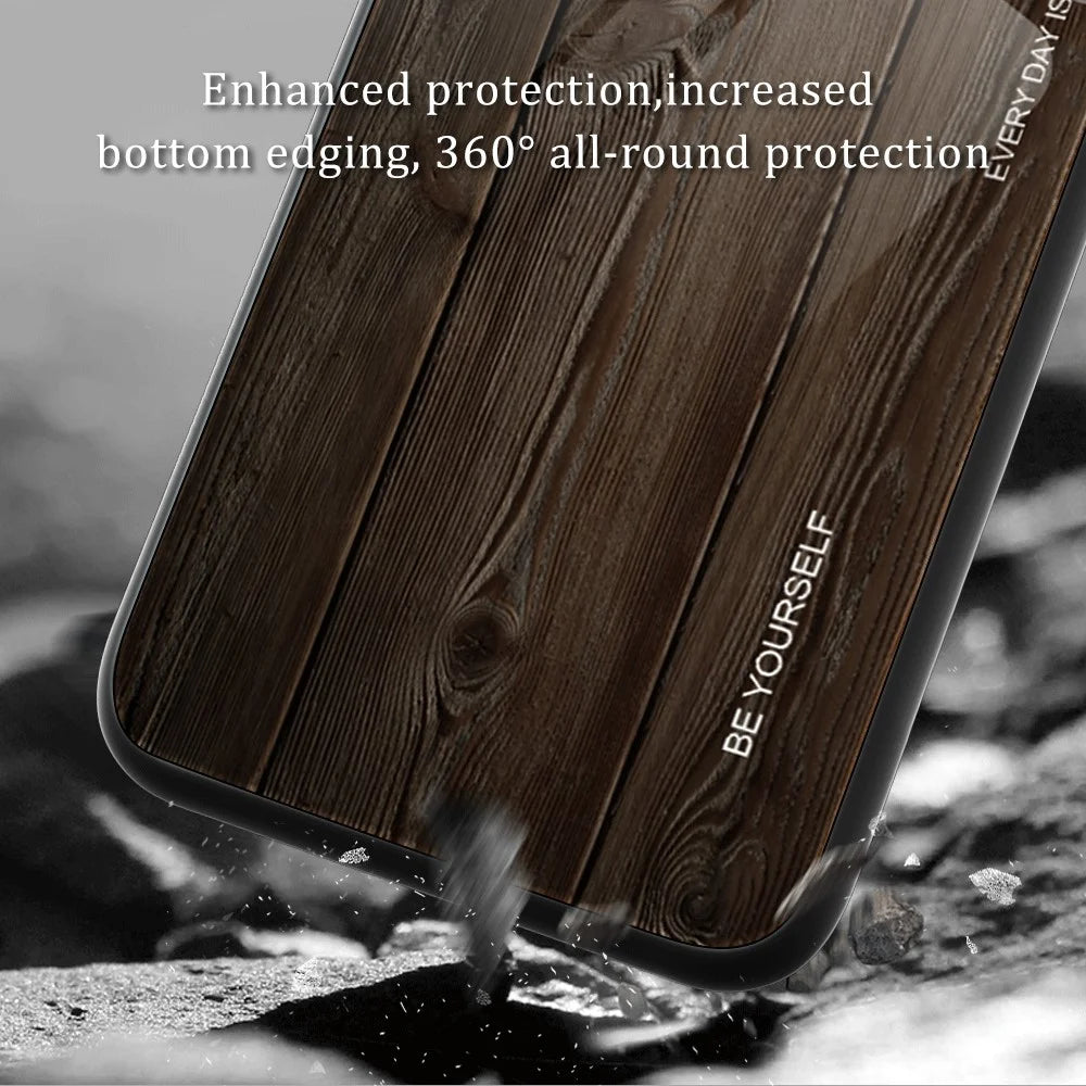 For Samsung Galaxy A05s 4G Slim Case Wood Texture Tempered Glass TPU Shockproof Phone Cover - Black - 4