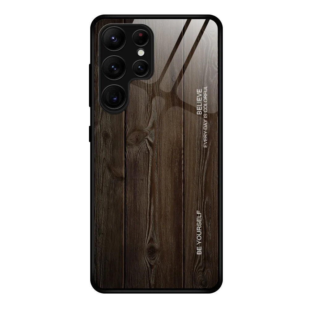 For Samsung Galaxy S24 Ultra Case Wood Texture Tempered Glass TPU Protective Phone Case - Black - 1