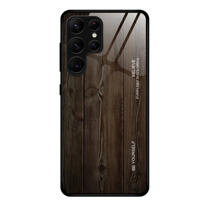 For Samsung Galaxy S24 Ultra Case Wood Texture Tempered Glass TPU Protective Phone Case - Black - 1
