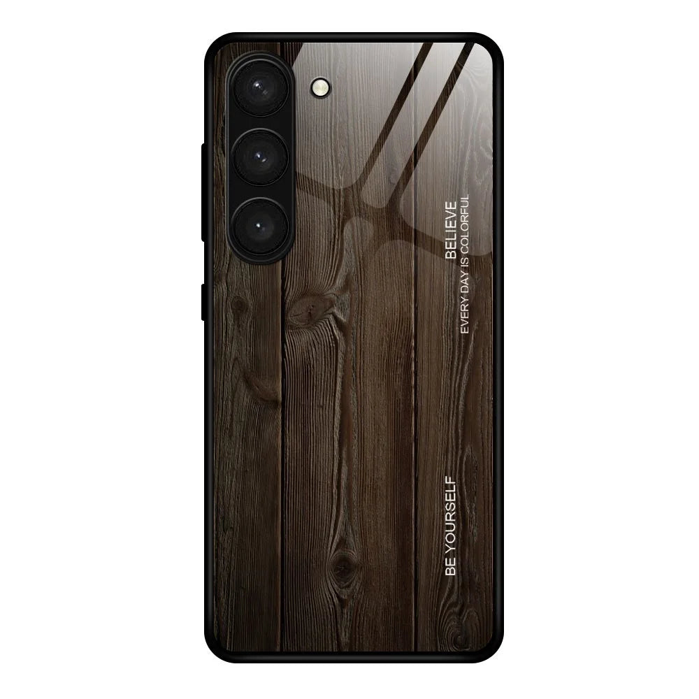 For Samsung Galaxy S24+ Protective Case Wood Texture Tempered Glass TPU Frame Phone Cover - Black - 1