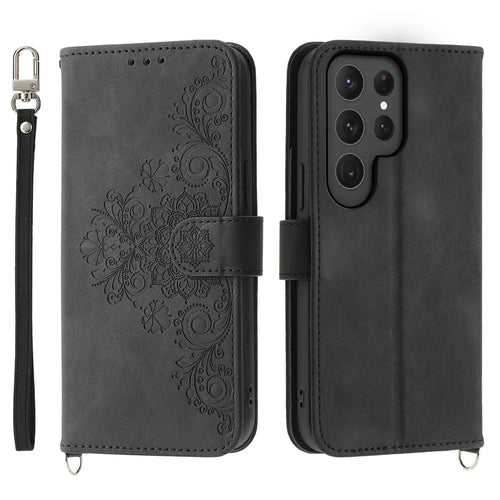 For Samsung Galaxy S24 Ultra Case Skin-touch Wallet Stand Leather Cover with Straps - Black - 1
