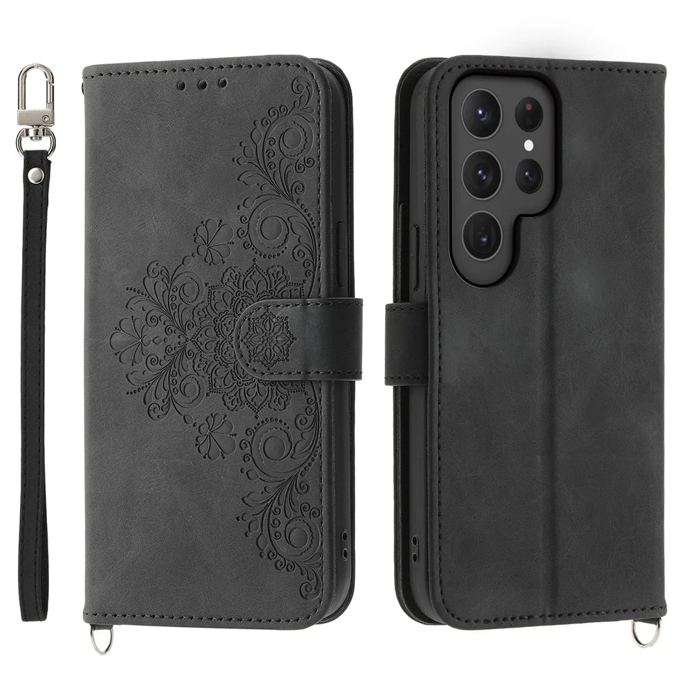 For Samsung Galaxy S24 Ultra Case Skin-touch Wallet Stand Leather Cover with Straps - Black - 1