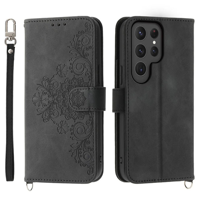 For Samsung Galaxy S24 Ultra Case Skin-touch Wallet Stand Leather Cover with Straps - Black - 1