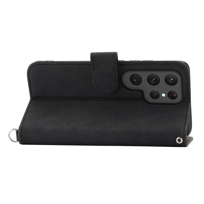 For Samsung Galaxy S24 Ultra Case Skin-touch Wallet Stand Leather Cover with Straps - Black - 2