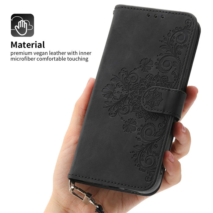 For Samsung Galaxy S24 Ultra Case Skin-touch Wallet Stand Leather Cover with Straps - Black - 6