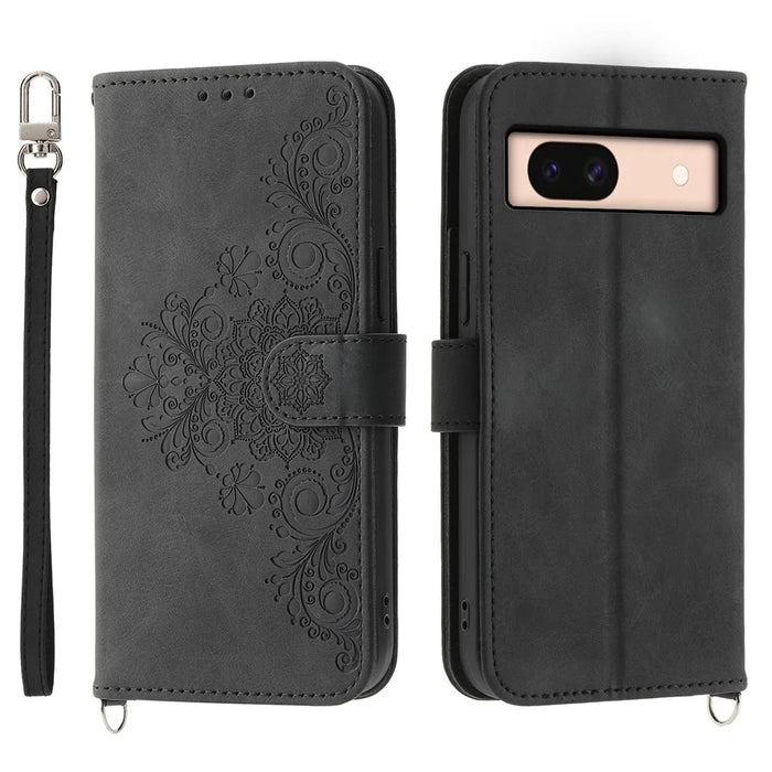 For Google Pixel 8a Case Multiple Card Slots Leather Cover with Hand Strap + Shoulder Strap - Black - 1