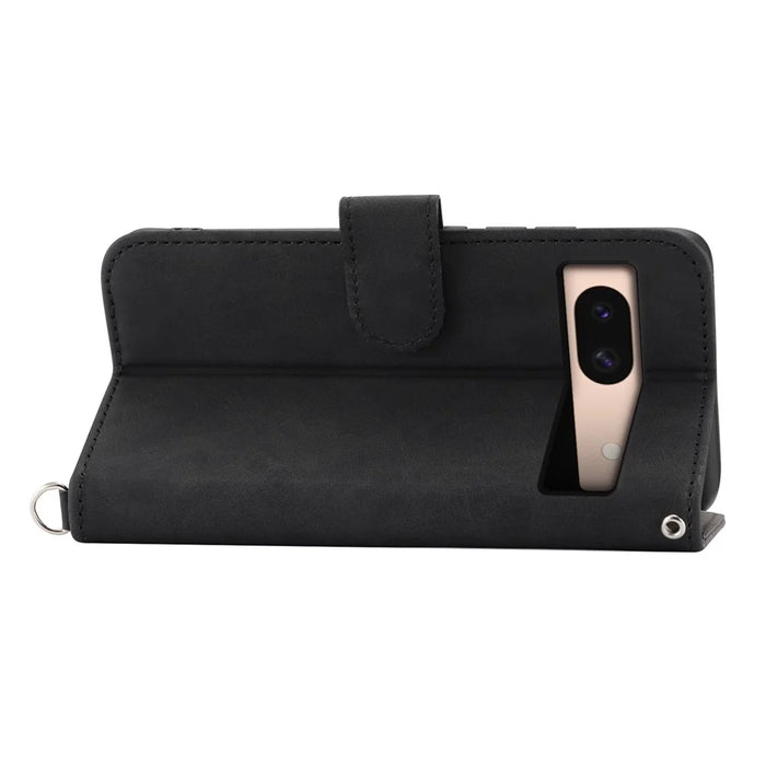 For Google Pixel 8a Case Multiple Card Slots Leather Cover with Hand Strap + Shoulder Strap - Black - 2