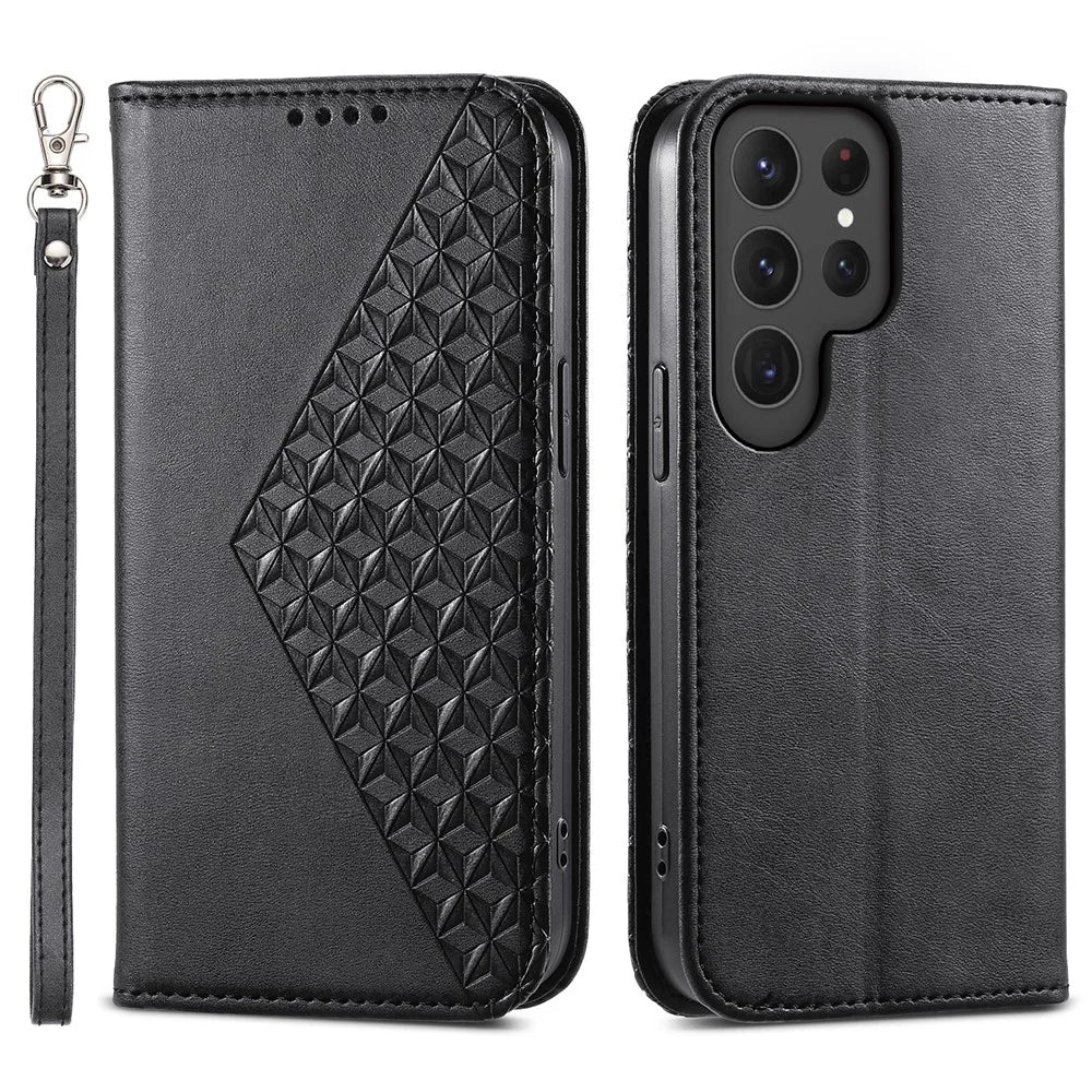 For Samsung Galaxy S24 Ultra Case Imprinted PU Leather+TPU Cell Phone Wallet Cover - Black - 1