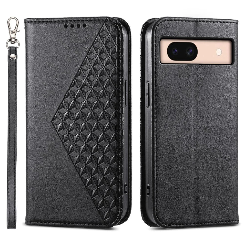 For Google Pixel 8a Case Imprinted Rhombus Pattern PU Leather Phone Cover with Handy Strap - Black - 1