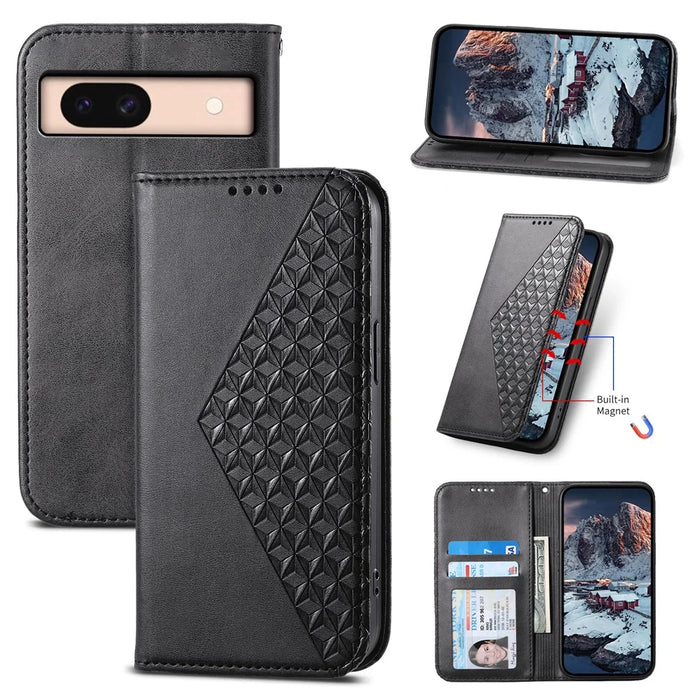 For Google Pixel 8a Case Imprinted Rhombus Pattern PU Leather Phone Cover with Handy Strap - Black - 5