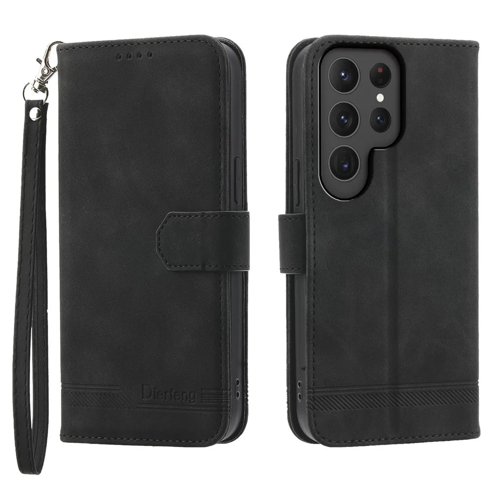 DIERFENG DF-03 For Samsung Galaxy S24 Ultra Case Imprinted Stand PU Leather Phone Protector - Black - 1