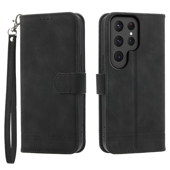 DIERFENG DF-03 For Samsung Galaxy S24 Ultra Case Imprinted Stand PU Leather Phone Protector - Black - 1