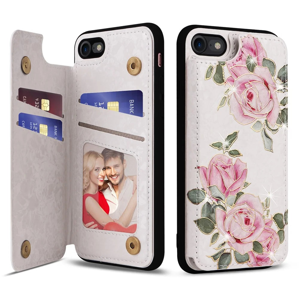 For iPhone 7 / 8 / SE (2020) / SE (2022) Case RFID Blocking Lacquered Flower Phone Kickstand Cover - Flower - 1