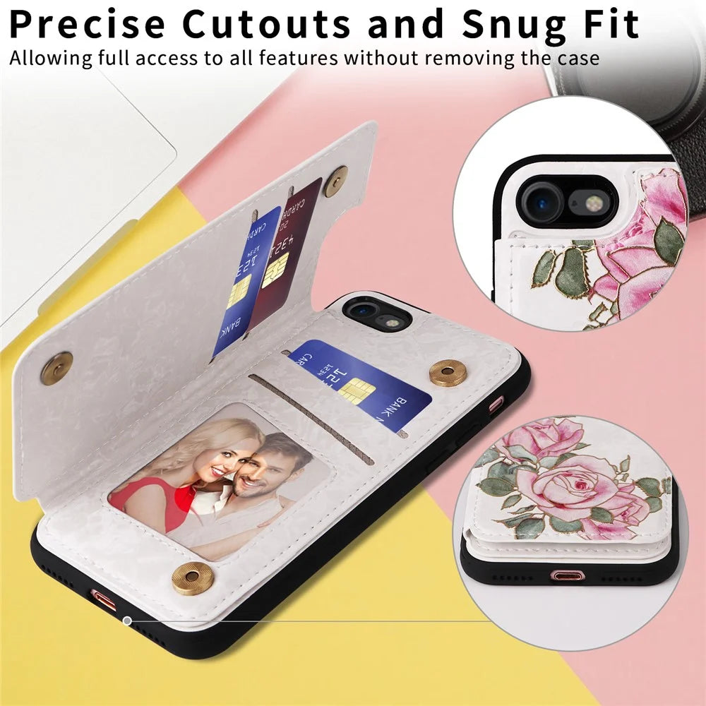 For iPhone 7 / 8 / SE (2020) / SE (2022) Case RFID Blocking Lacquered Flower Phone Kickstand Cover - Flower - 5