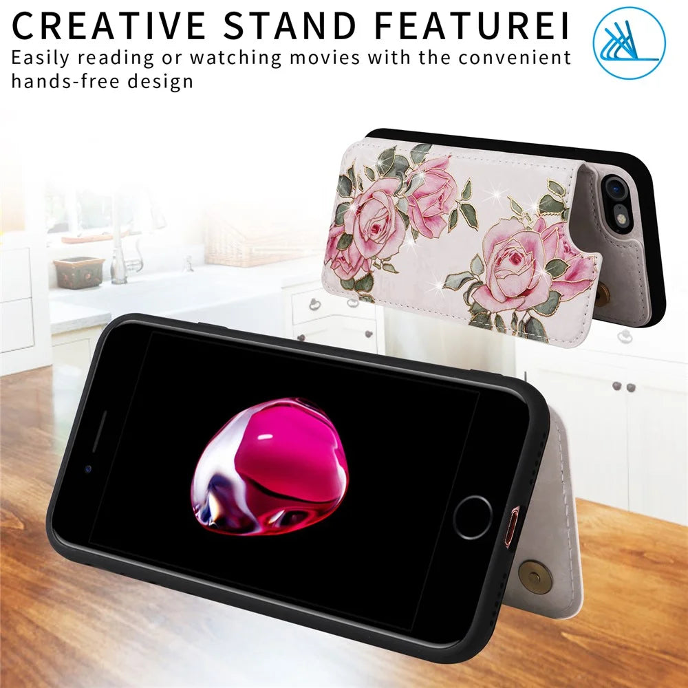 For iPhone 7 / 8 / SE (2020) / SE (2022) Case RFID Blocking Lacquered Flower Phone Kickstand Cover - Flower - 6