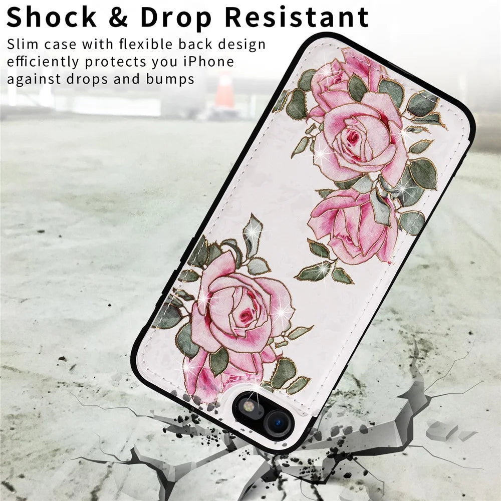 For iPhone 7 / 8 / SE (2020) / SE (2022) Case RFID Blocking Lacquered Flower Phone Kickstand Cover - Flower - 7