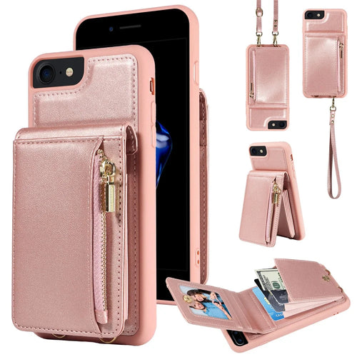 For iPhone 7 / 8 / SE (2020) / (2022) Case RFID Blocking PU+TPU Wallet Phone Case with Kickstand, Straps - Rose Gold - 1