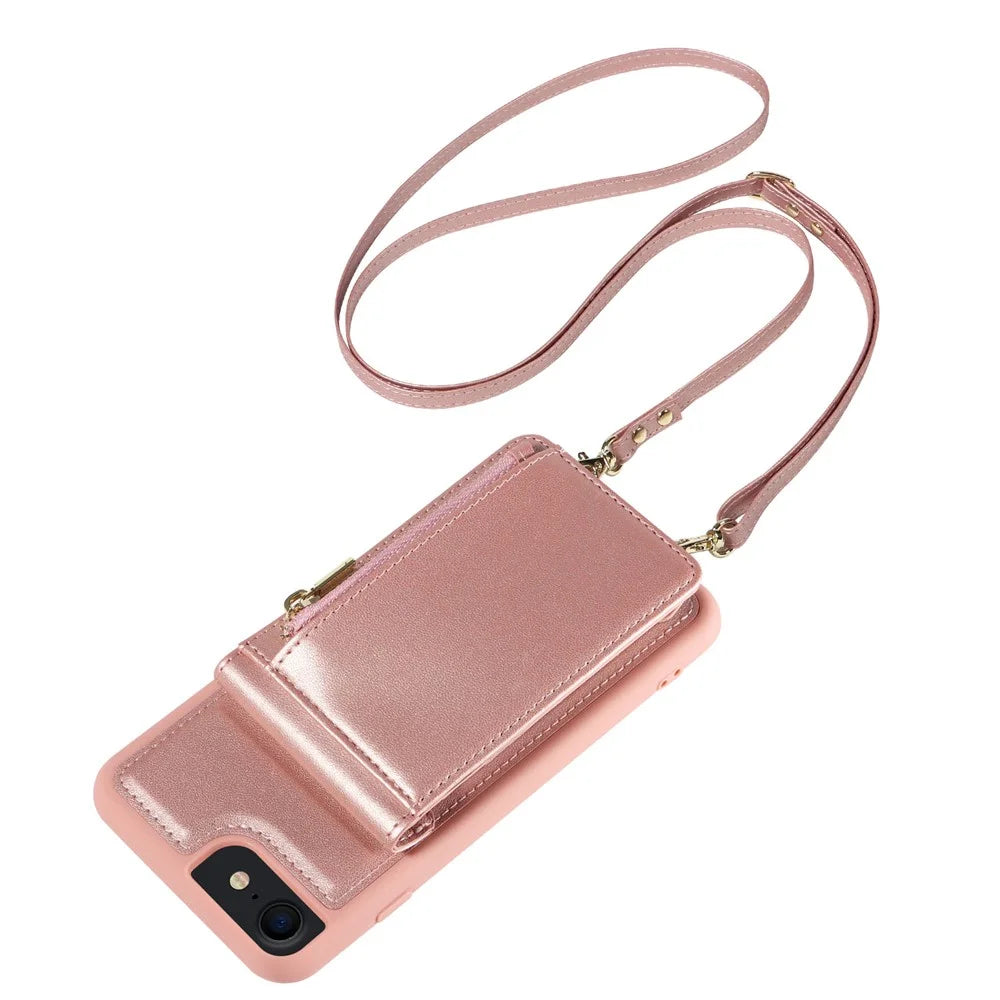 For iPhone 7 / 8 / SE (2020) / (2022) Case RFID Blocking PU+TPU Wallet Phone Case with Kickstand, Straps - Rose Gold - 2