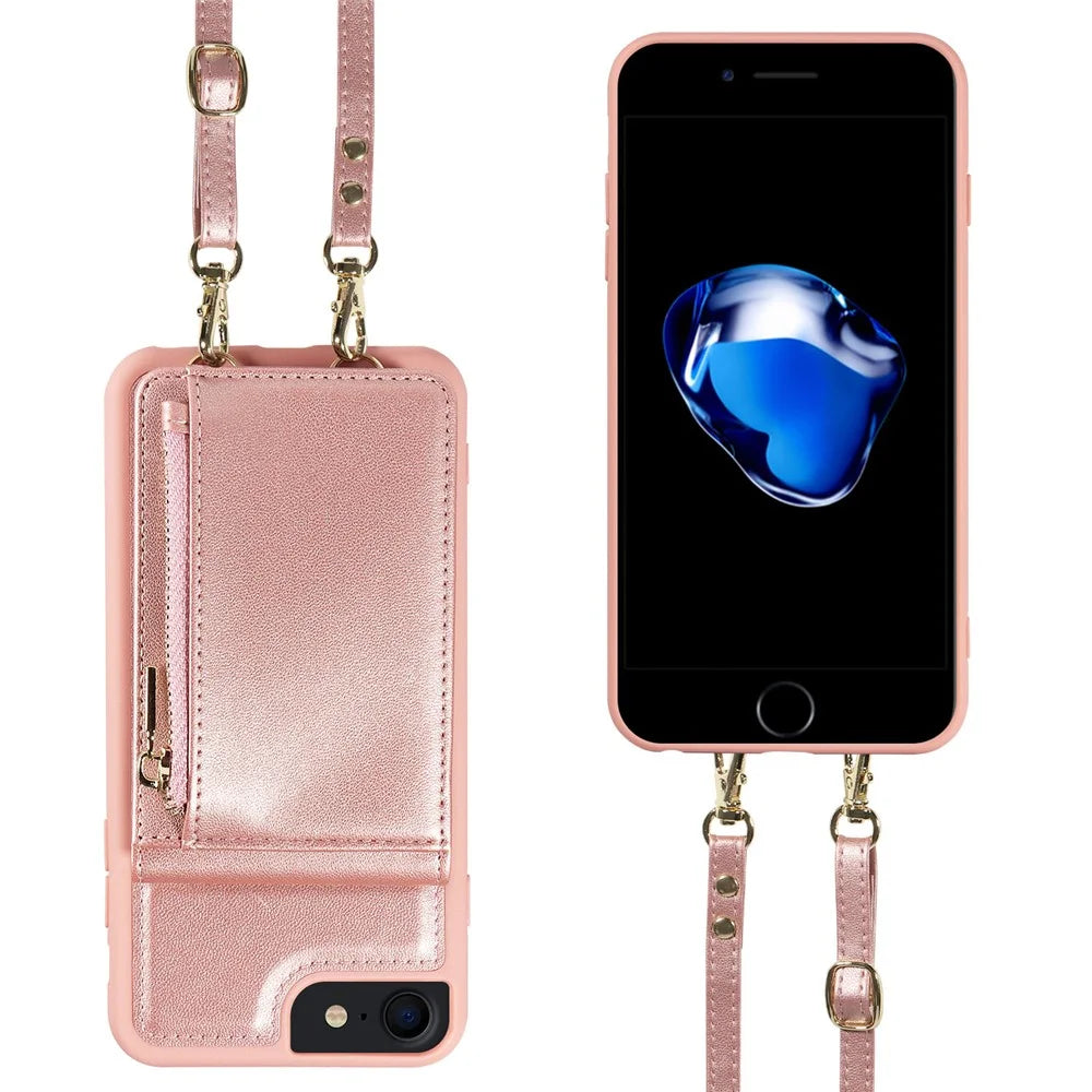 For iPhone 7 / 8 / SE (2020) / (2022) Case RFID Blocking PU+TPU Wallet Phone Case with Kickstand, Straps - Rose Gold - 3