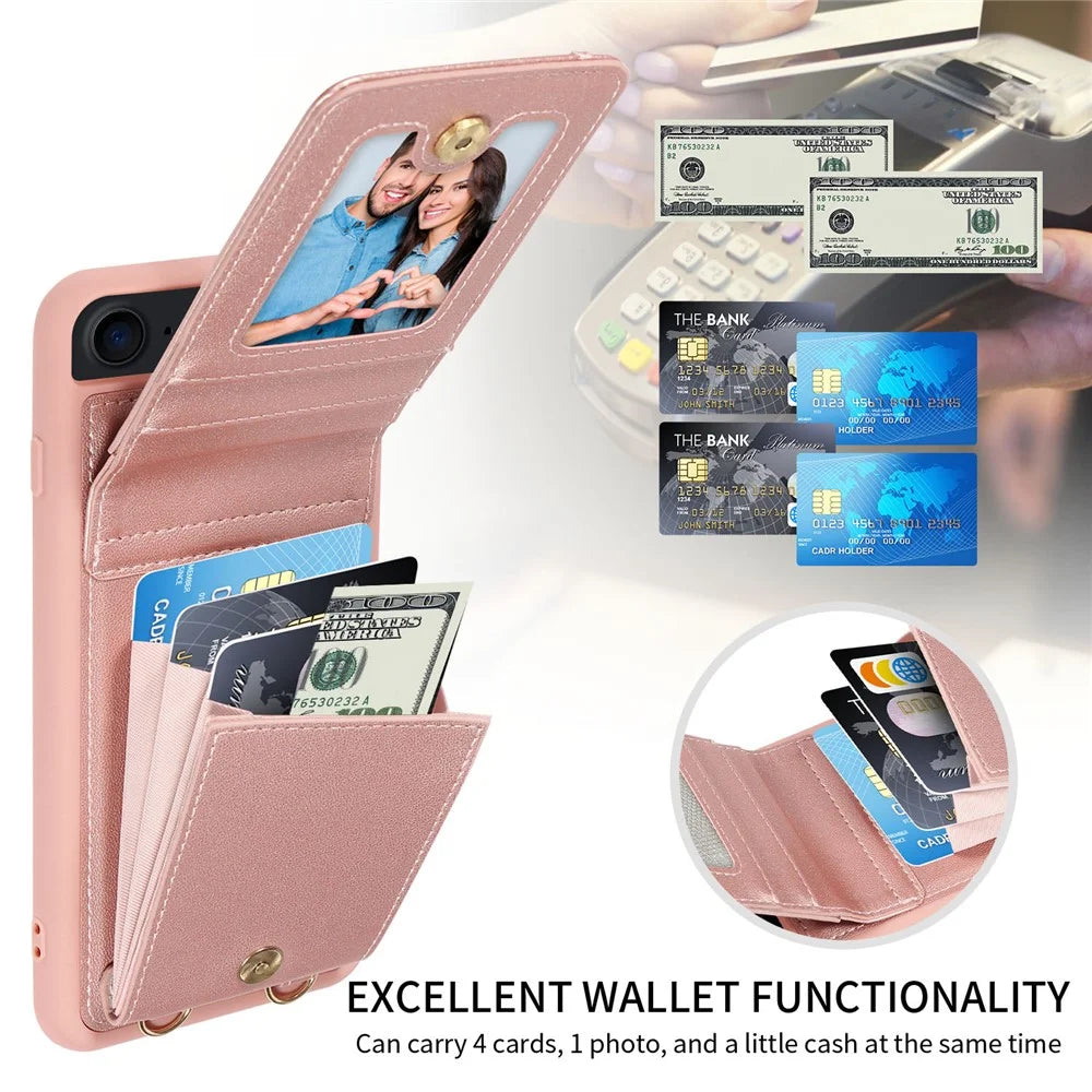 For iPhone 7 / 8 / SE (2020) / (2022) Case RFID Blocking PU+TPU Wallet Phone Case with Kickstand, Straps - Rose Gold - 4