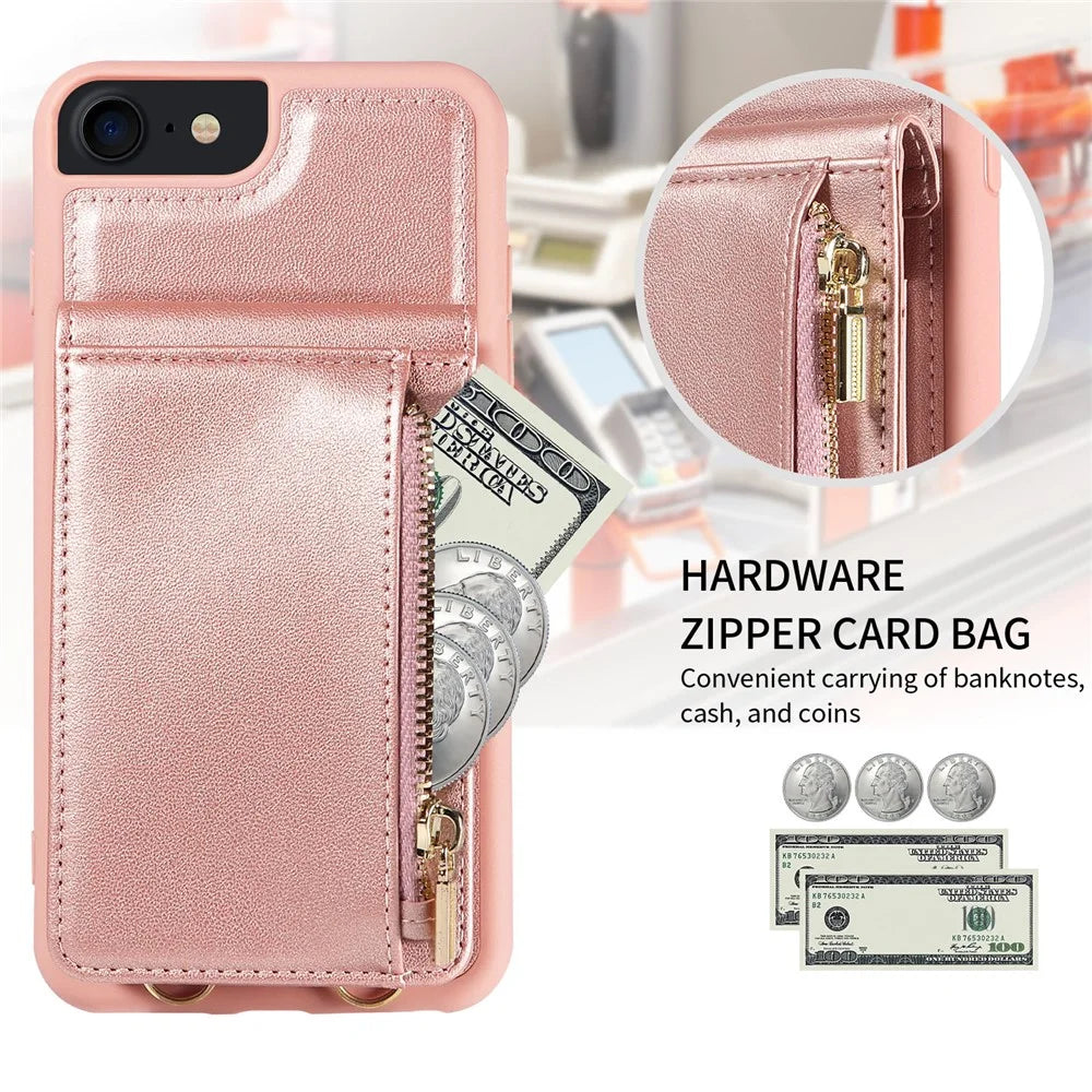 For iPhone 7 / 8 / SE (2020) / (2022) Case RFID Blocking PU+TPU Wallet Phone Case with Kickstand, Straps - Rose Gold - 5