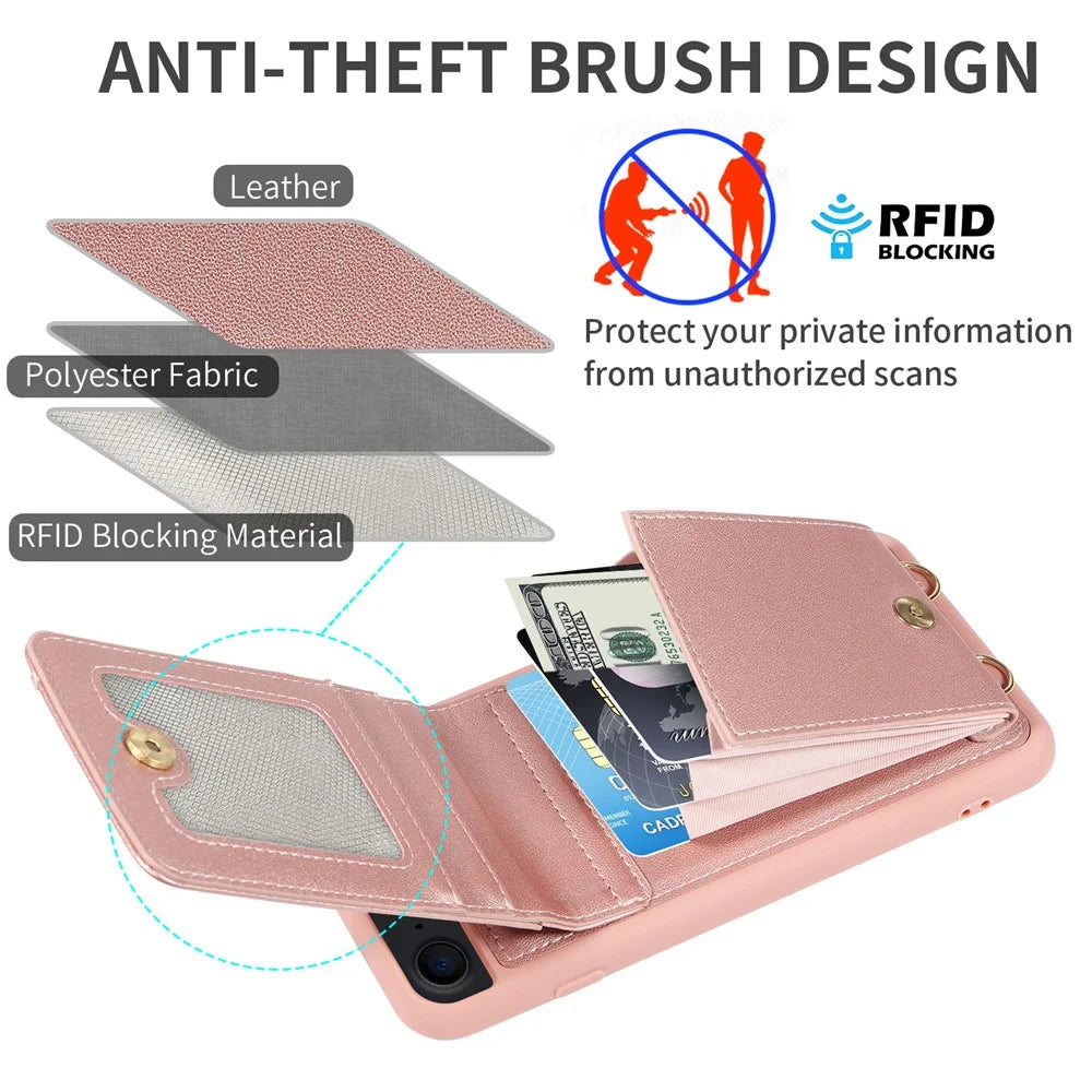 For iPhone 7 / 8 / SE (2020) / (2022) Case RFID Blocking PU+TPU Wallet Phone Case with Kickstand, Straps - Rose Gold - 6