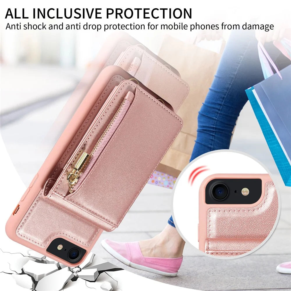 For iPhone 7 / 8 / SE (2020) / (2022) Case RFID Blocking PU+TPU Wallet Phone Case with Kickstand, Straps - Rose Gold - 7