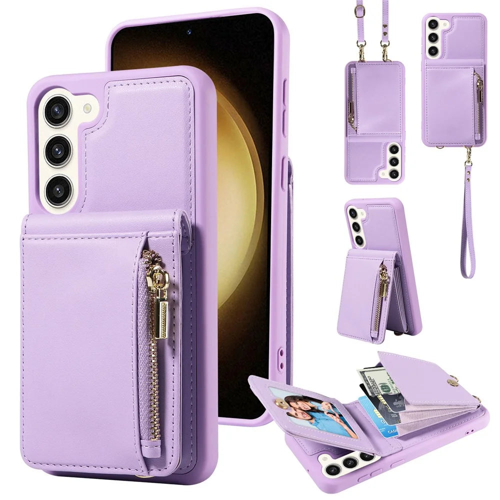 For Samsung Galaxy S24+ Case RFID Blocking PU+TPU Kickstand Wallet Phone Cover with Straps - Purple - 1